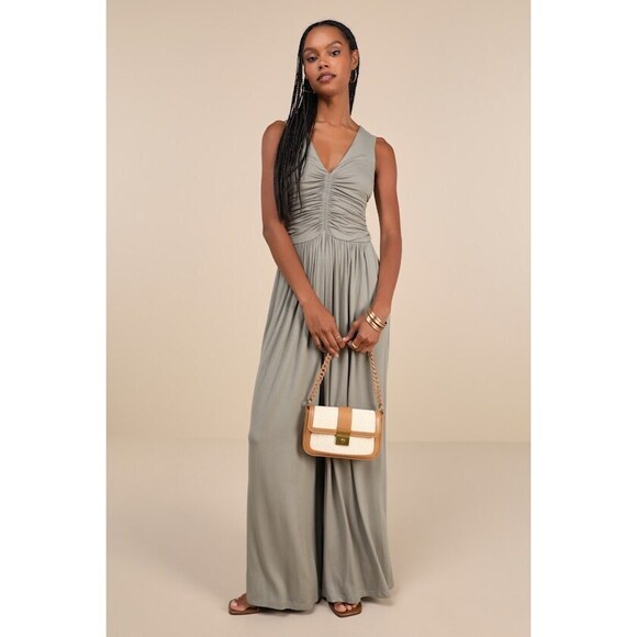 Lulus Pants - NWT Lulus Breezy Fascination Sage Green Ruched Cutout Jumpsuit - Size L